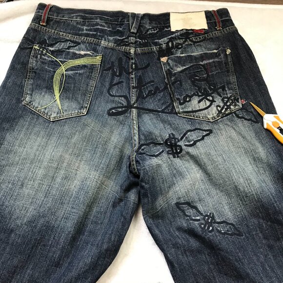 Vintage Stash House Embellished Jean Shorts Mens Size 40 100% Cotton Baggy Denim - Picture 13 of 16